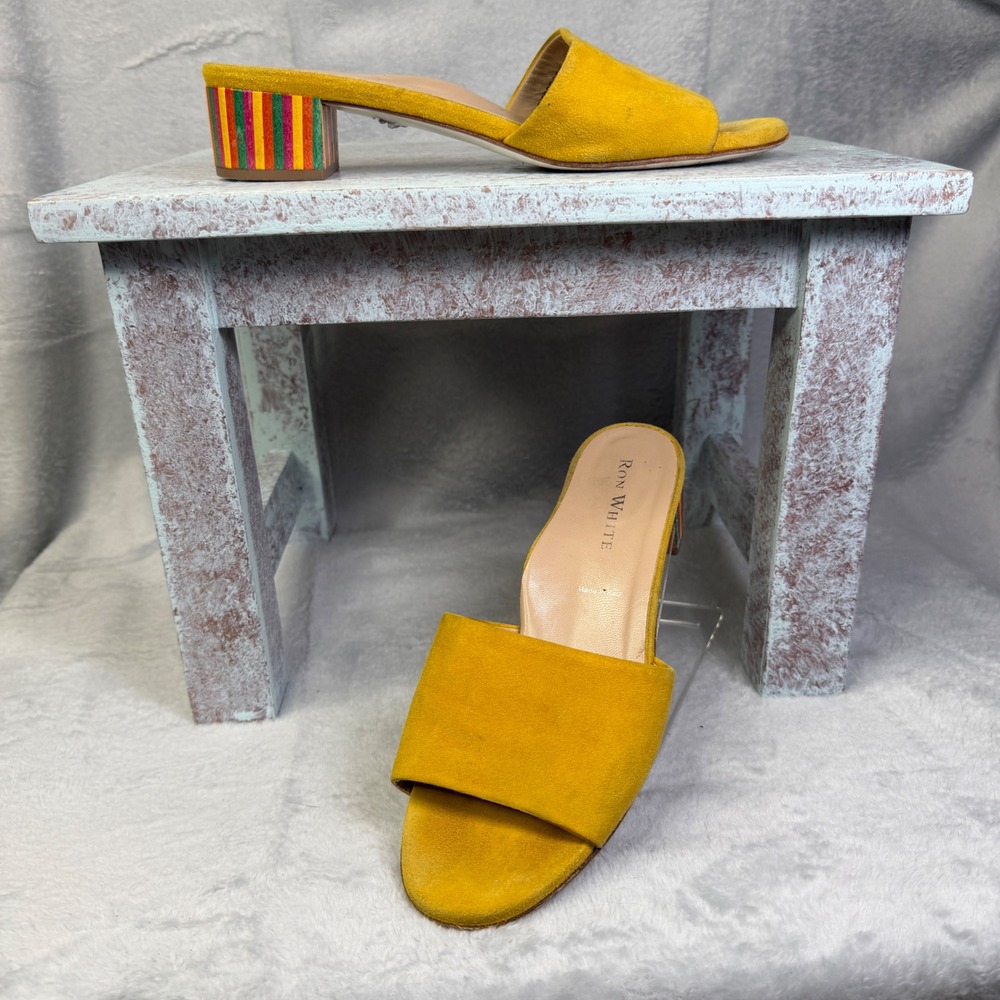 Ron White Suede Mules Women 38.5 Yellow Striped Block Heel Weatherproof Italy